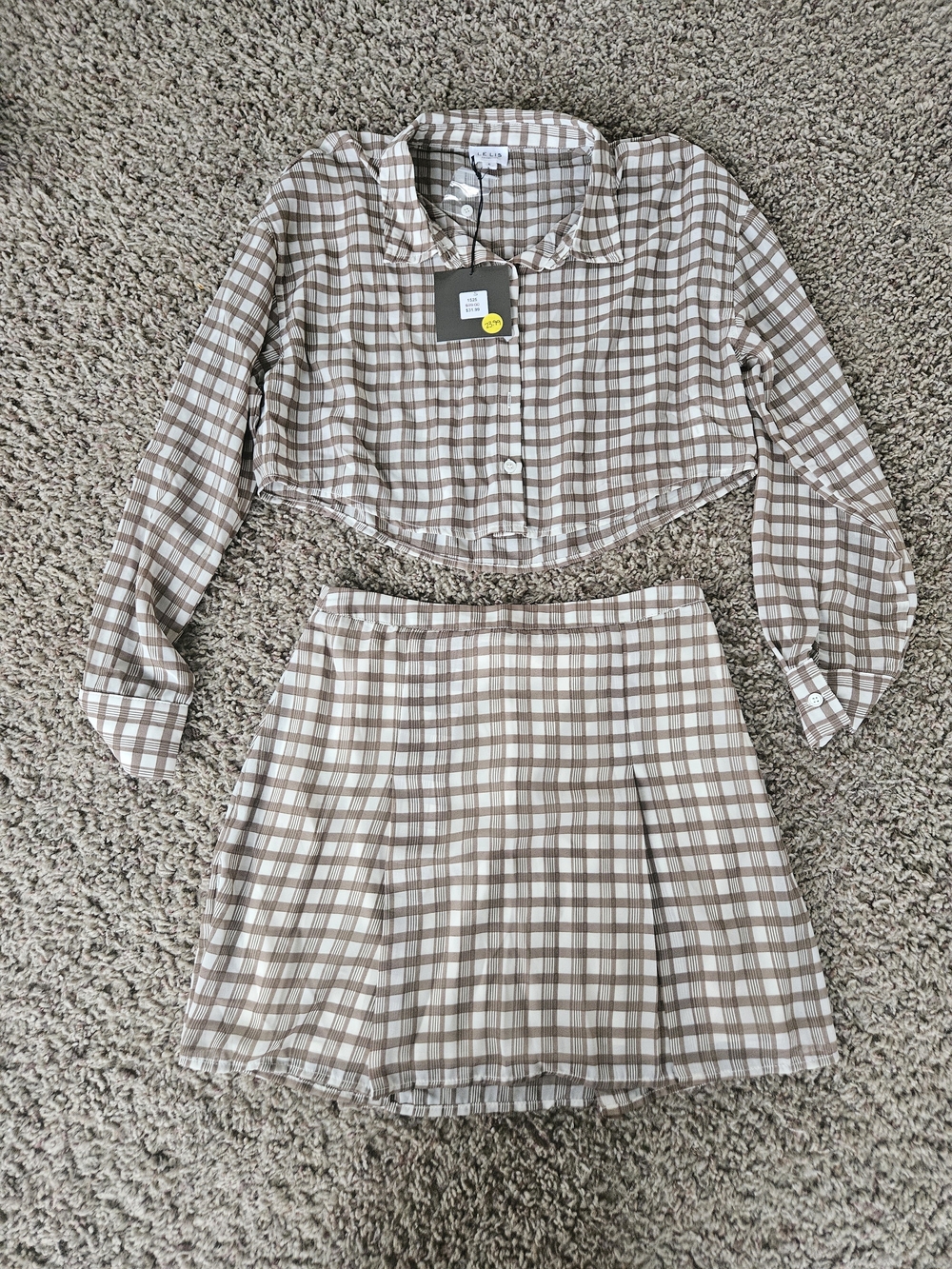 Le Lis Brown and Cream Plaid Cropped Top & Skirt Set